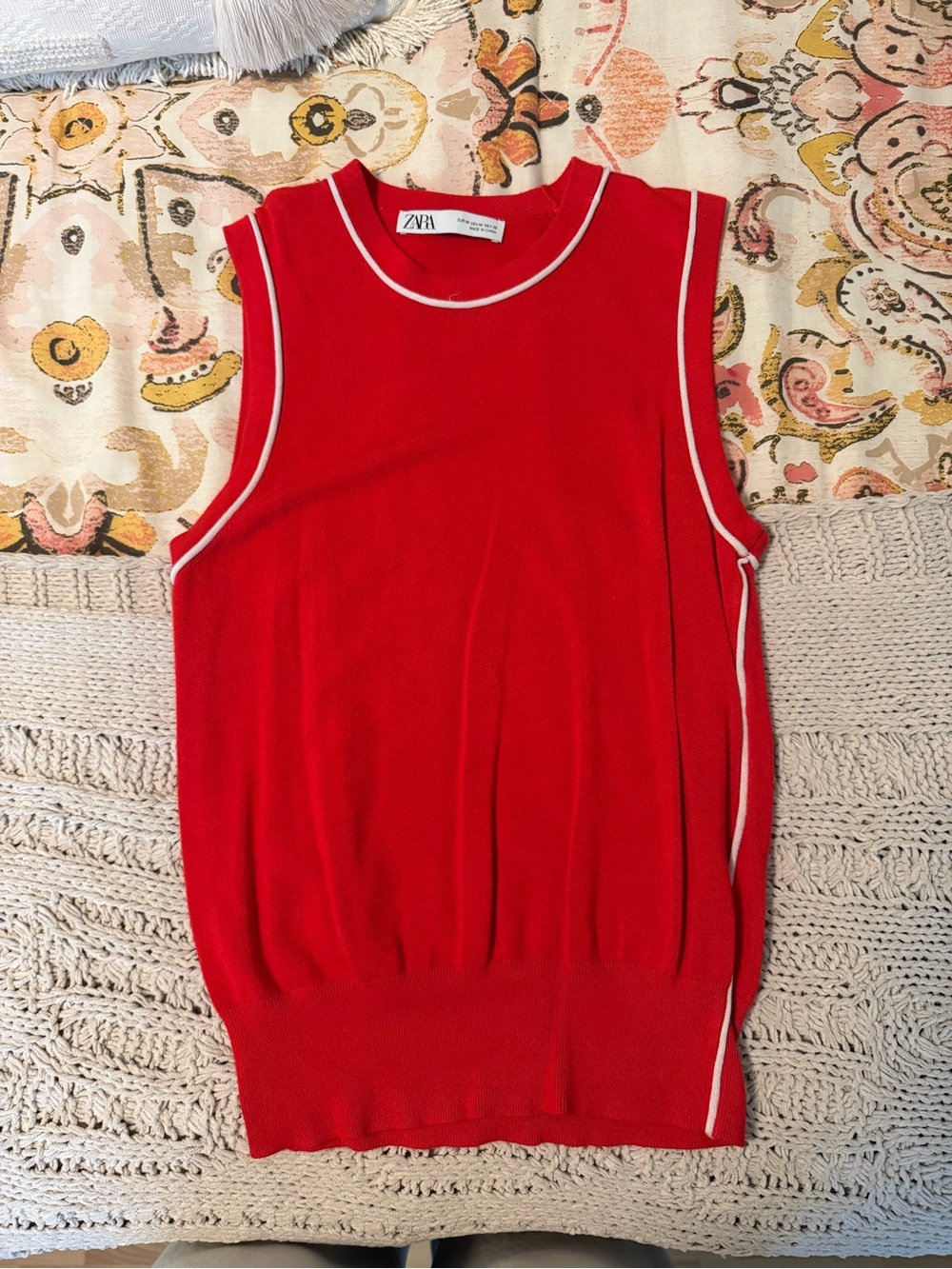 Zara Red Knit Tank with White Piping